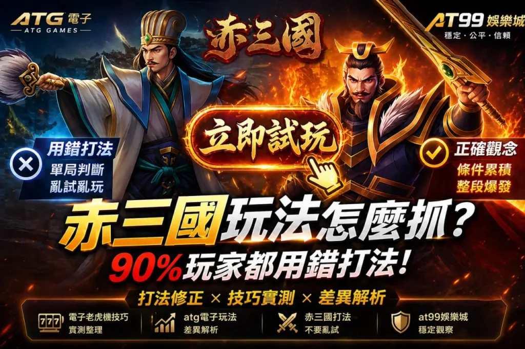ATG赤三國玩法教學圖片,說明常見錯誤打法與正確觀念對比,幫助玩家掌握電子老虎機赤三國技巧