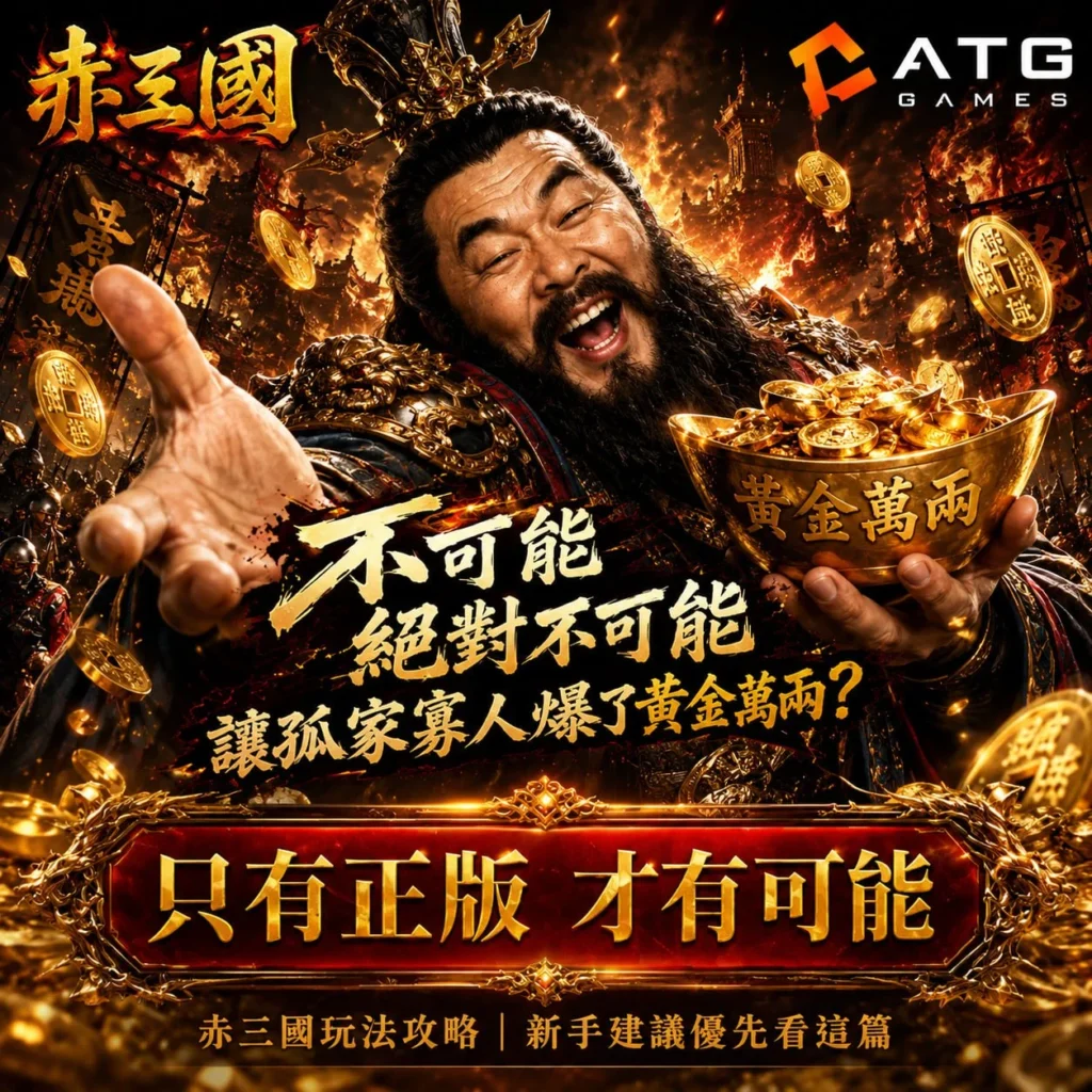ATG赤三國老虎機宣傳圖,曹操手持黃金萬兩站在戰火中的三國戰場,強調正版授權、高倍獎勵與三國主題玩法特色。