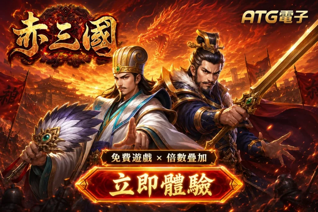ATG赤三國攻略宣傳圖,展示諸葛亮與武將對戰、免費遊戲、倍數疊加及三國主題玩法。