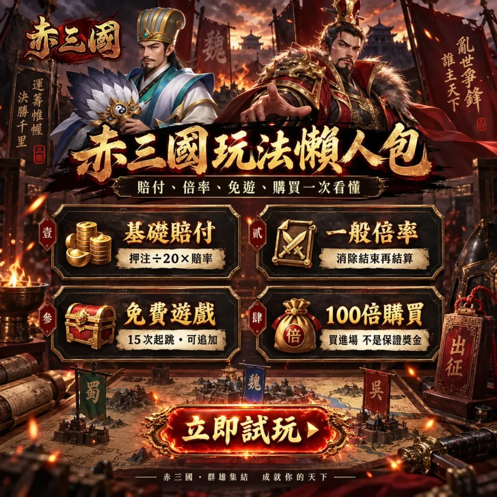 赤三國玩法攻略圖,新手4步看懂基礎賠付、一般倍率、免費遊戲與100倍購買模式
